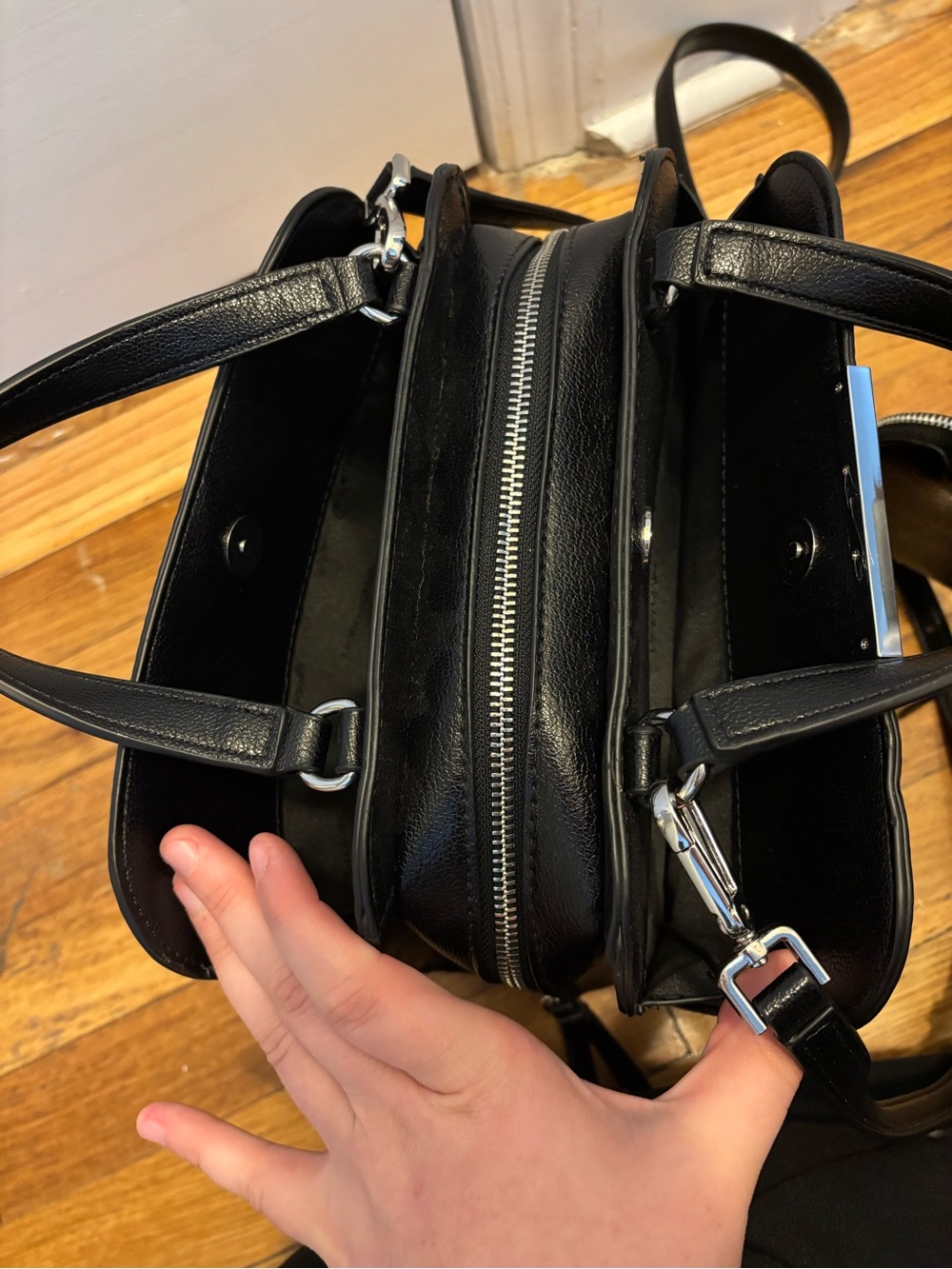 NWOT Calvin Klein Black Leather Top-Handle/ Crossbody Bag with small charm - Picture 10 of 14